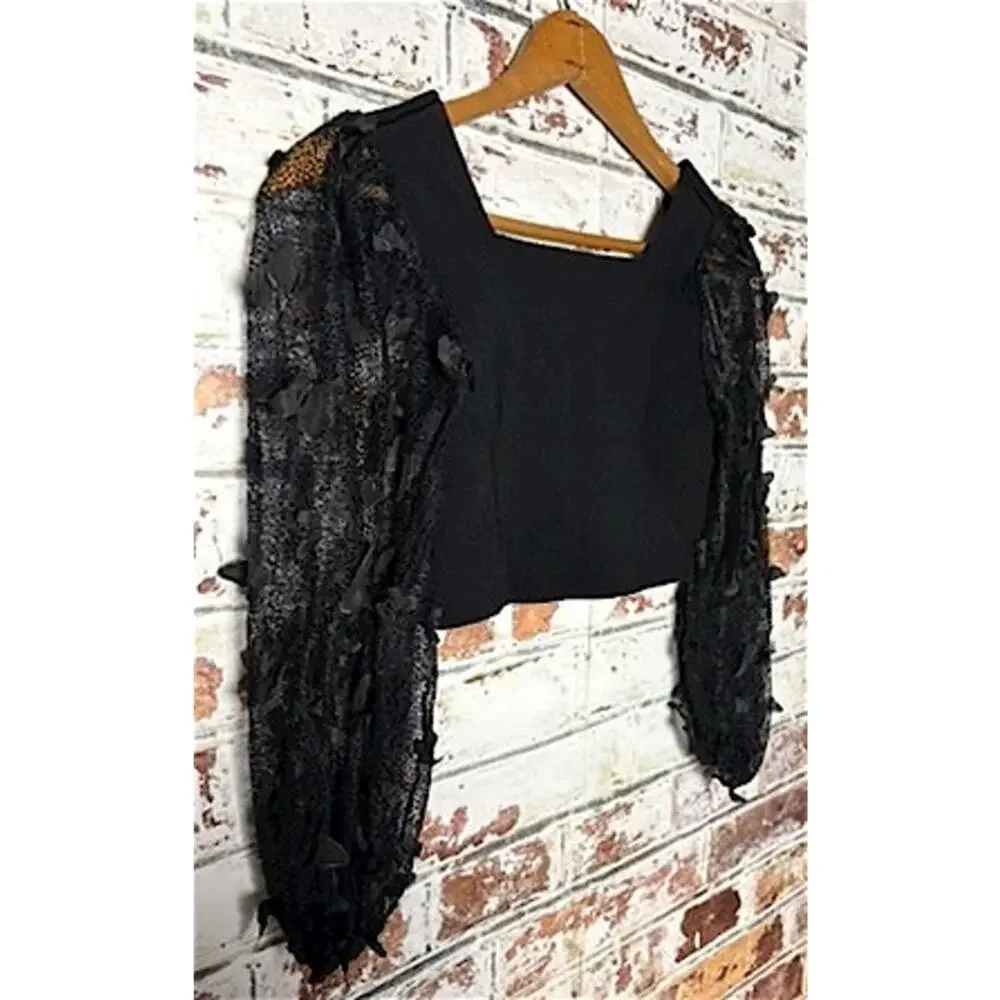 Free People Intimately Flutter By Sheer Mesh Billowy Sleeves Cropped Blouse